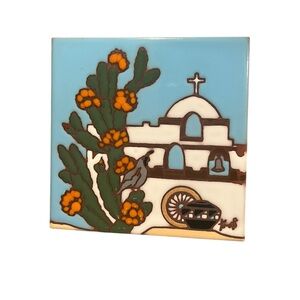 Vintage Earthtones Southwest Artisan Adobe  Church Cactus Tile Art Trivet USA